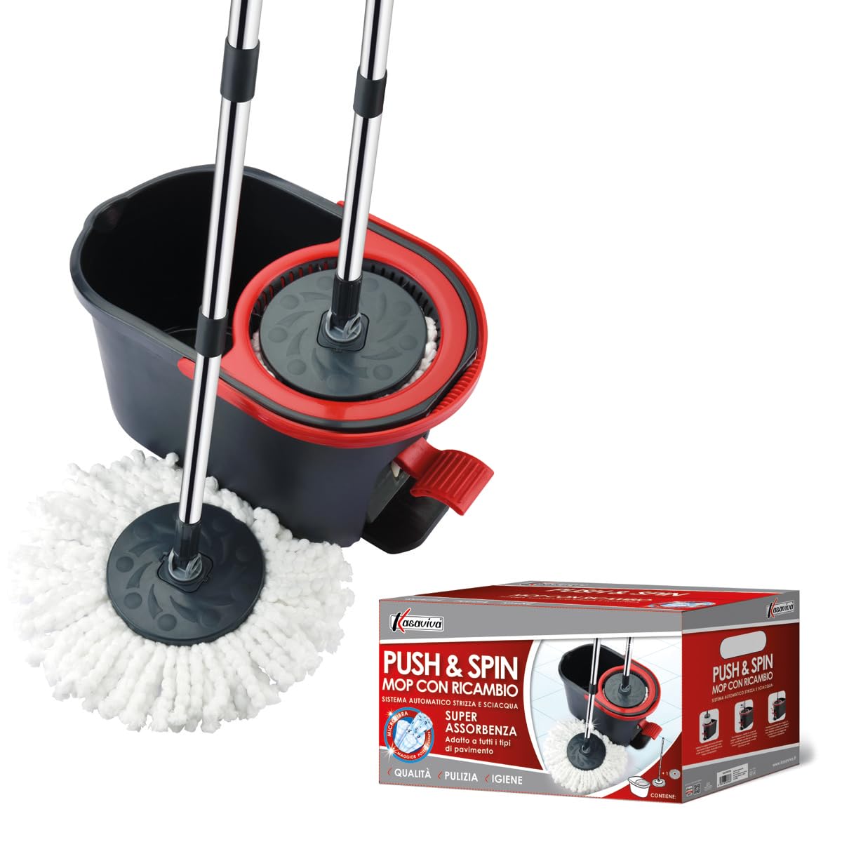 Mop mocio sistema automatico lavapavimenti con centrifuga Push & Spin, mocio rotante con secchio 13lt a pedale e con panno lavaggio in microfibra, rotomop con manico fisso 110cm, pulizia pavimenti