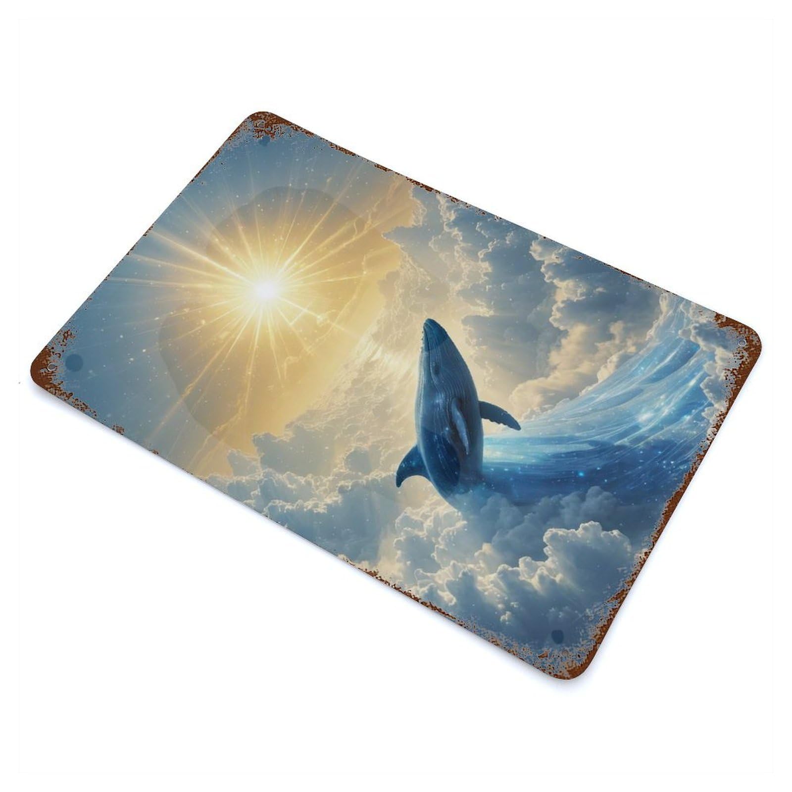 Rust Effect Celestial Whale Rising Toward The Sun Decorative Tin Sign 11.8"x7.9", Vintage Wall Decor for Farmhouse, Kitchen And Entryway Decor