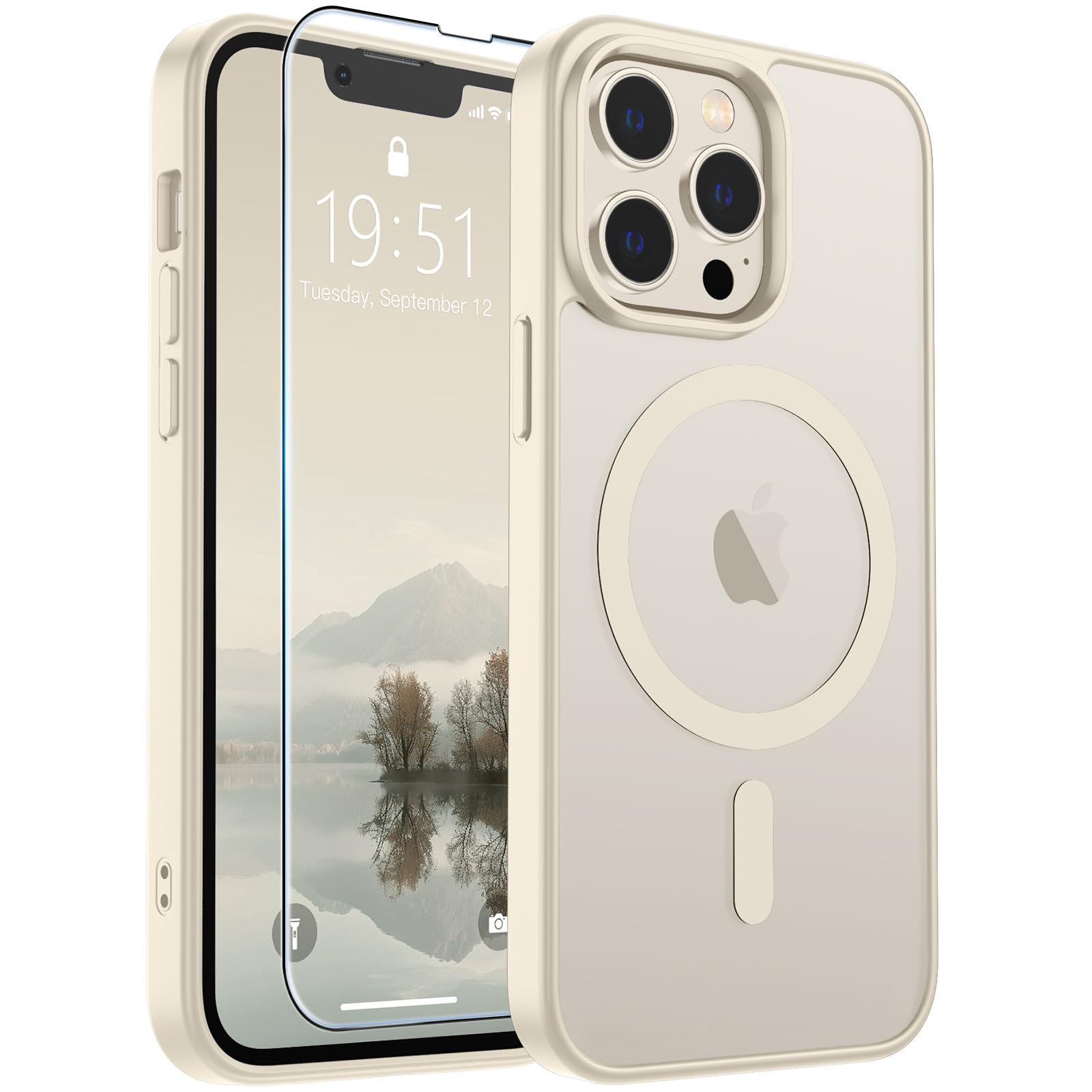 SUPFINE Magnetic for iPhone 13 Pro Case Antique White | With Screen Protector, Translucent Matte, Compatible with MagSafe, Military Grade Drop Proof, Rugged Shockproof Protective