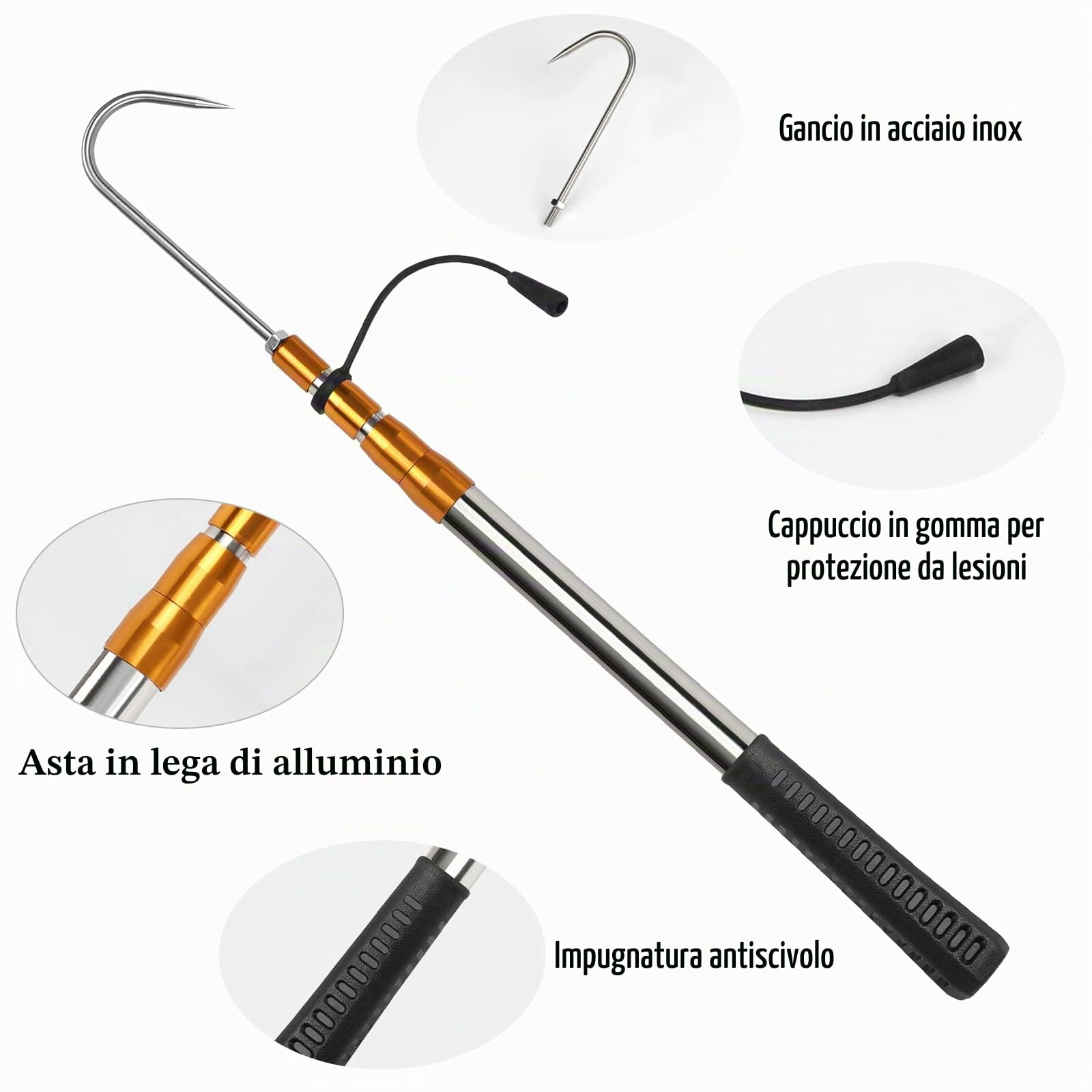 KOMCLUB Ghiera telescopica con gancio a lancia in acciaio inox, asta in lega di alluminio con manico morbido per attrezzi da ghiaccio offshore in acqua salata