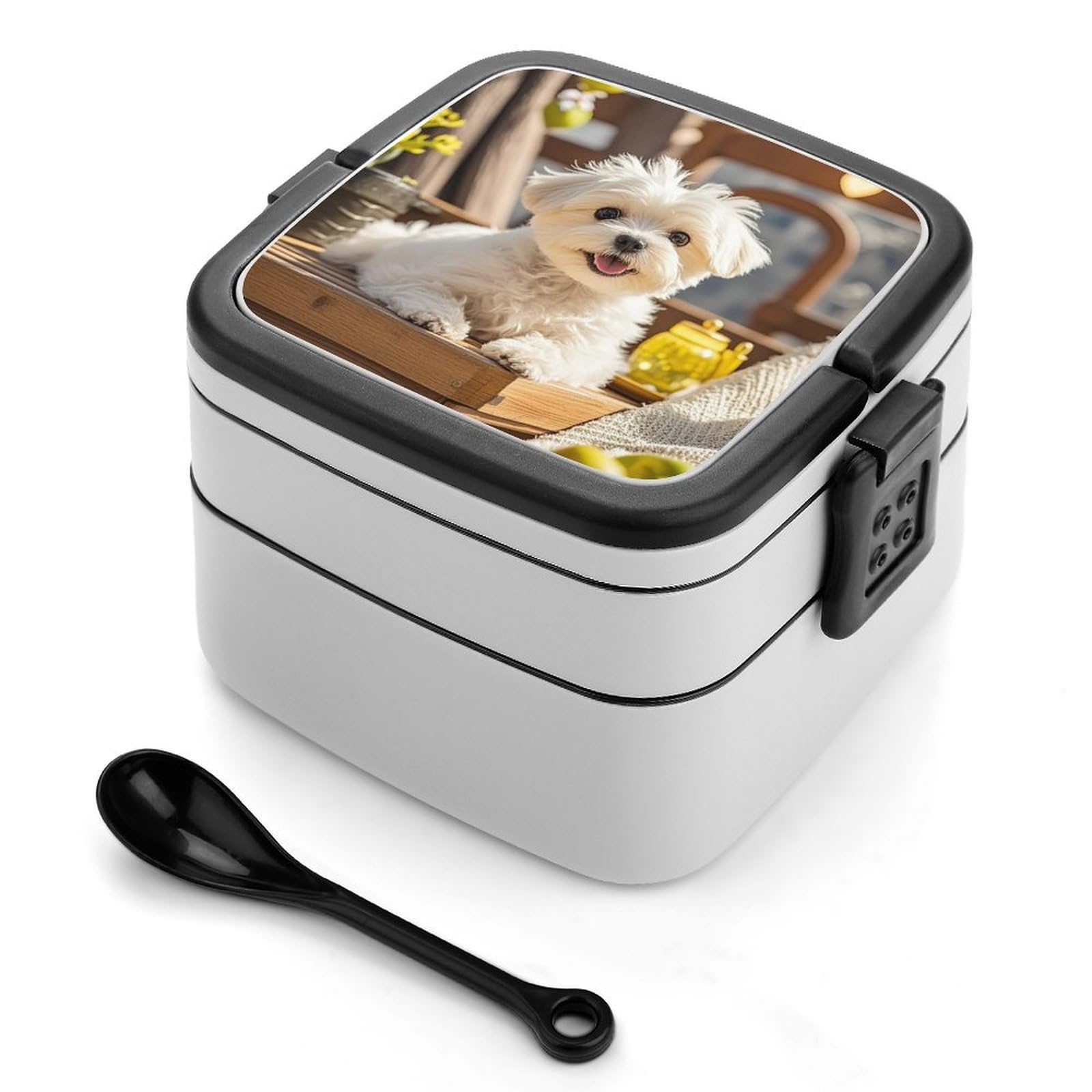 VstaDank Cute Maltese Puppy Dog Bento Box with Compartments Portable Lunch Containers with Spoon Leak Proof Bento Lunch Box Snap-On Design Double-Layer Insulated Lunch Boxes for Work Camping