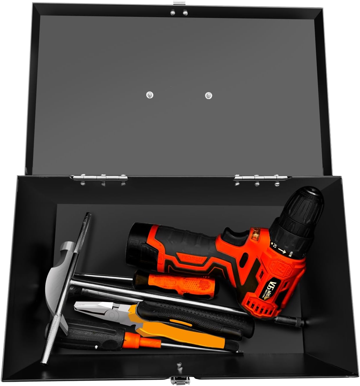Small Steel Metal Tool Box, Lockable Storage Box for Storing Valuable Items, Office Documents, Garage Tools (12" Black)