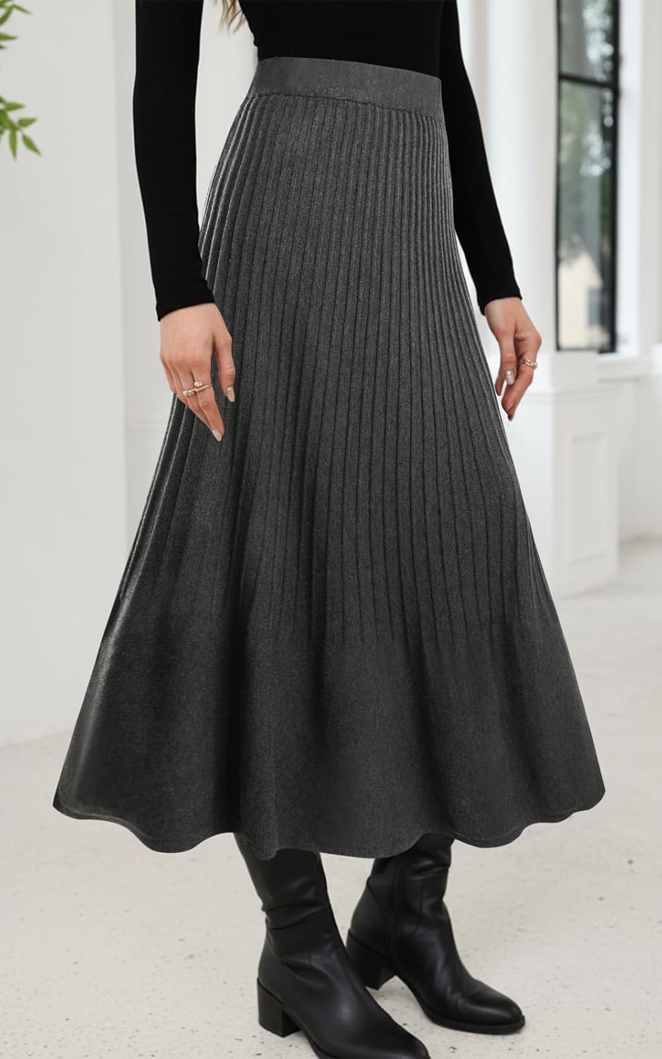 SEAFORM Women's Pleated Knit Maxi Skirts Elastic High Waist A-Line Casual Sweater Skirt Fall Winter Long Skirts for Women - Image 2