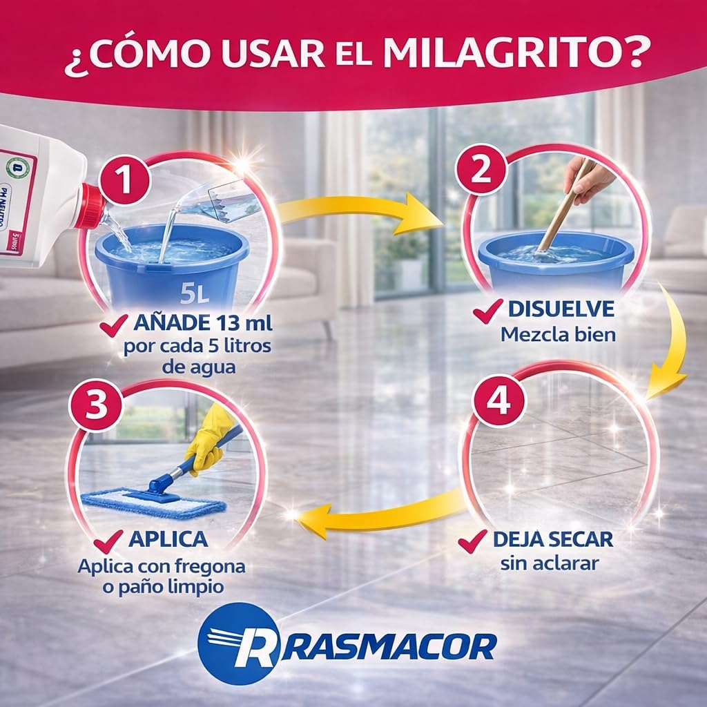 RASMACOR | Pack 3 unidades (15 litros) El Milagrito 5L Limpiador y Abrillantador de Suelos | pH Neutro | Ideal para Mármol, Parquet y Superficies Delicadas | Sin Residuos, Brillo Natural