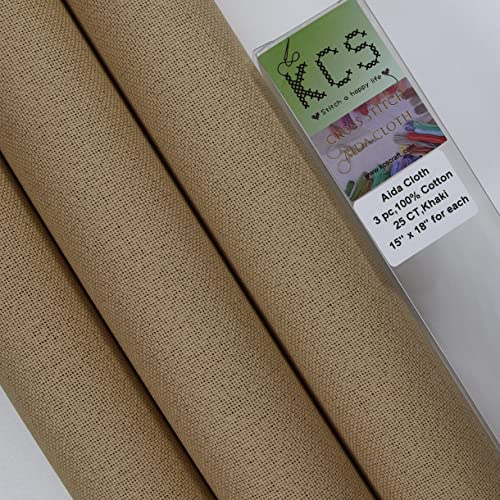 Image of KCS 3 pc of 15 inch x 18 inch Counted Cross Stitch Cotton Aida Cloth Needlework Fabric,25CT,Khaki