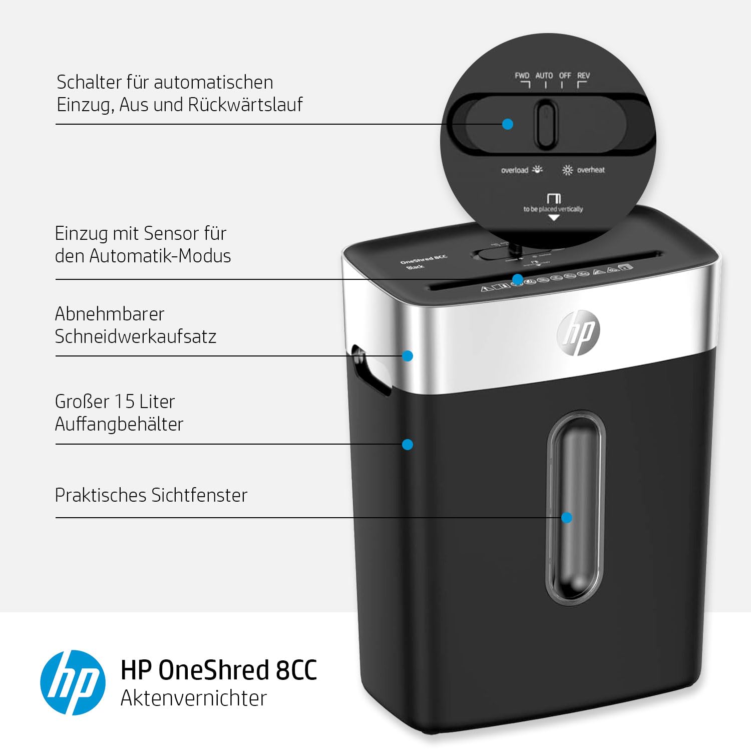 HP OneShred 8CC Black Paper Shredder Safety Level P-4 Cross Cut 8 Blades Black Silver