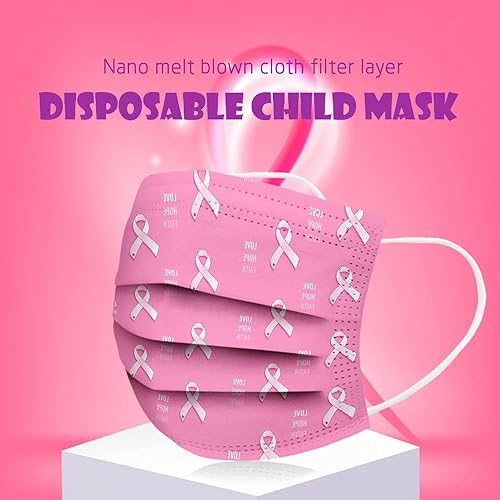 Miniatura 5 de Paquete de 50 mascarillas desechables para concientización del cáncer de mama, máscaras de cinta rosa para mujeres y adultos, protección facial de 3