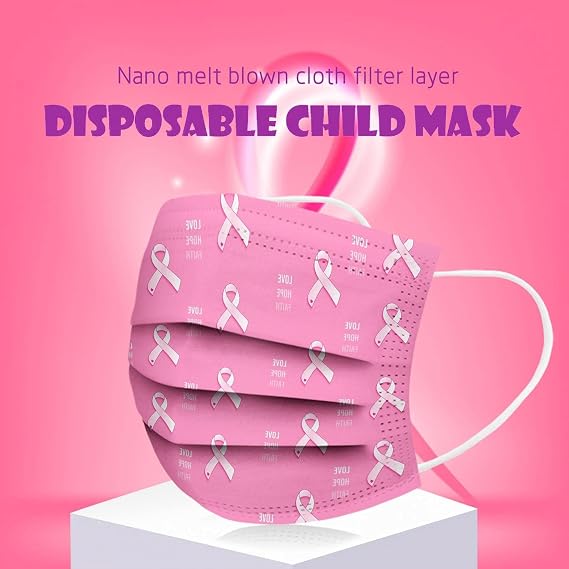 50 Pack Breast Cancer Awareness Disposable Face Masks, Pink Ribbon Masks for Women Adults 3 Ply Face Protection