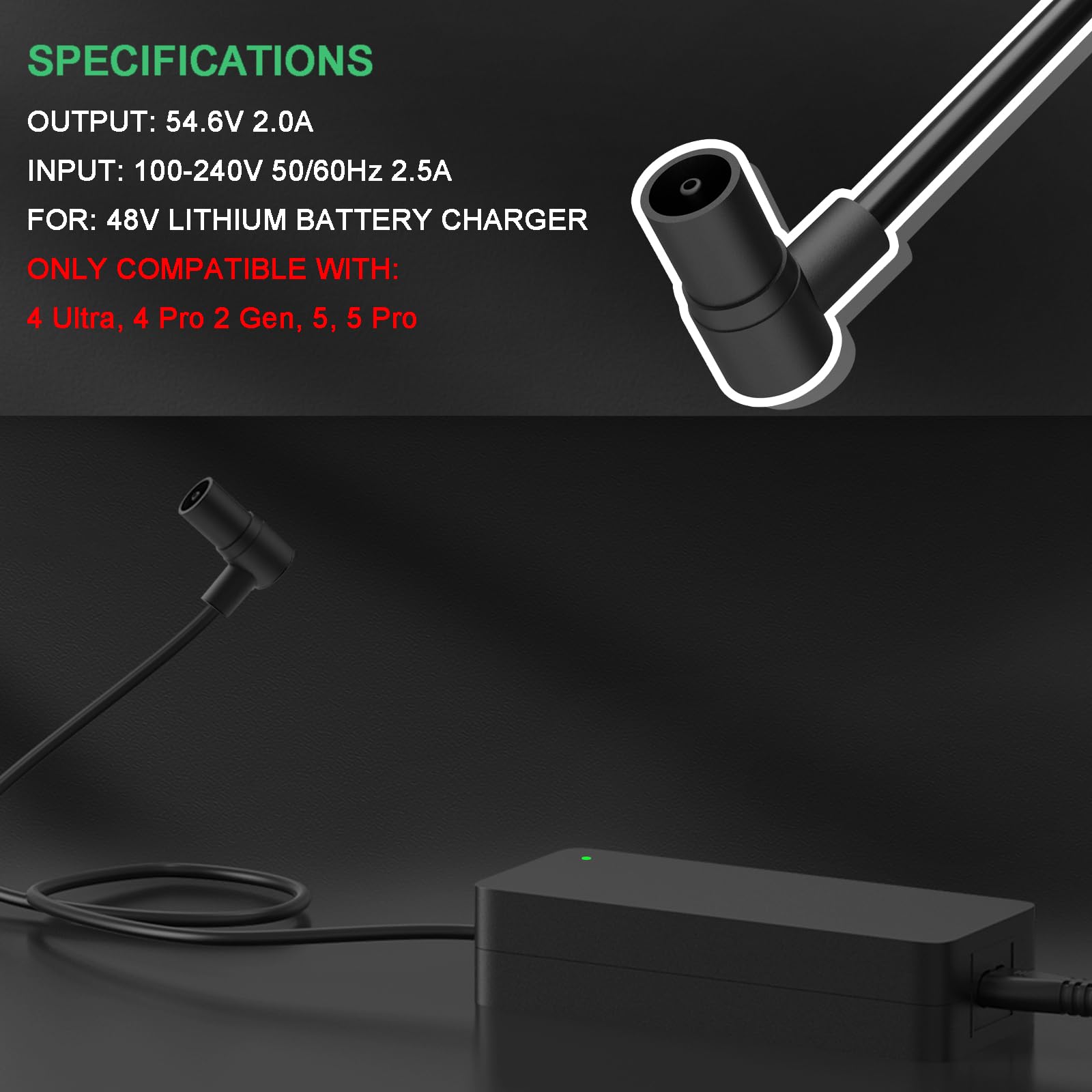 54.6V 2A Chargeur Trotinette Electrique pour Xiaomi 4 Ultra, 4 Pro 2nd Gen, 5, 5 Pro, Chargeur Universel pour Les Batteries Lithium de 48V, Chargeur Rapide