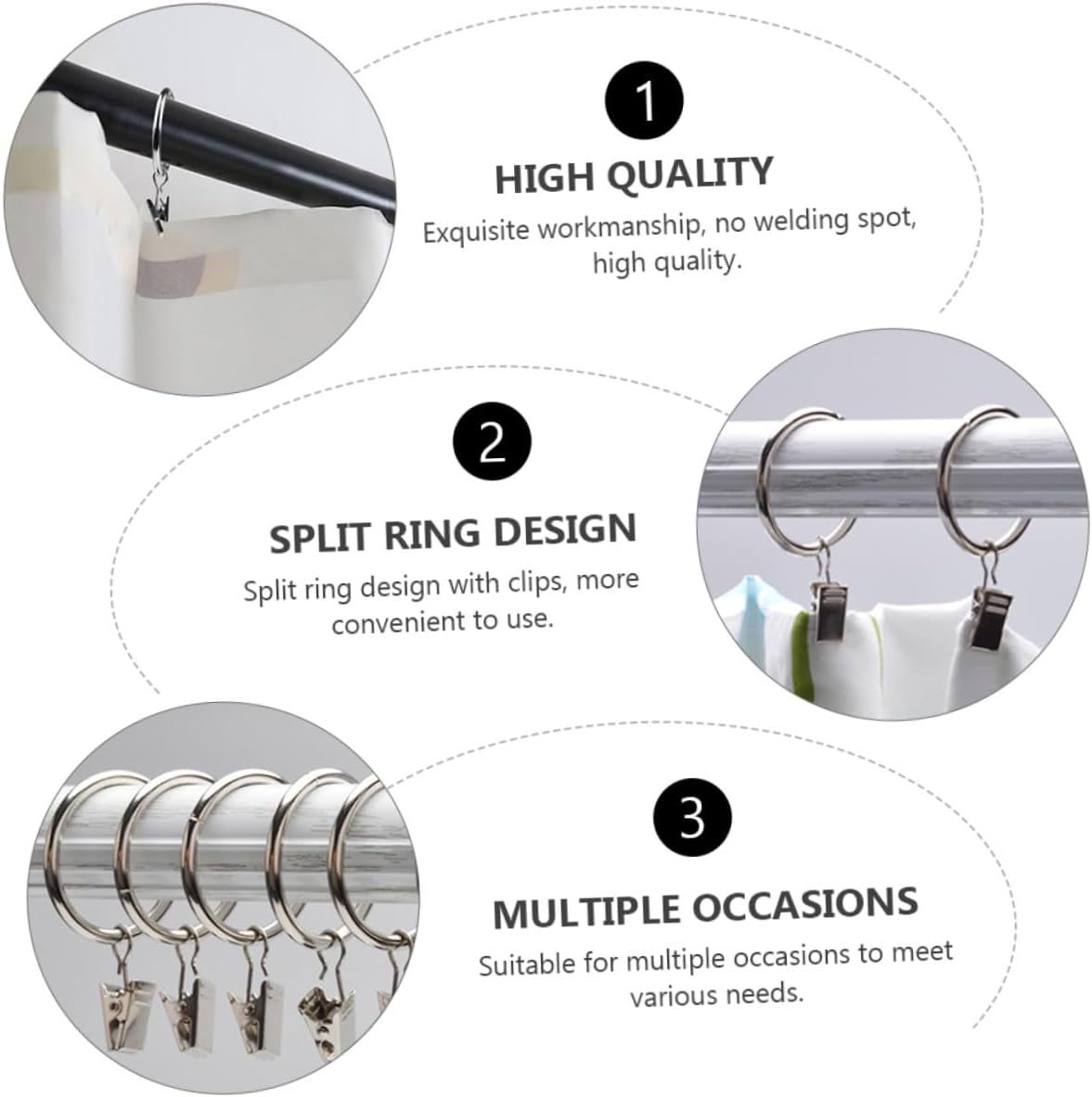 VICASKY 36pcs 38mm Metal Curtain Clips and Rings with Hooks, Drapery Clip Rings for Window Treatment, Silver Curtain Fasteners for Indoor Drapes and Outdoor Lighting