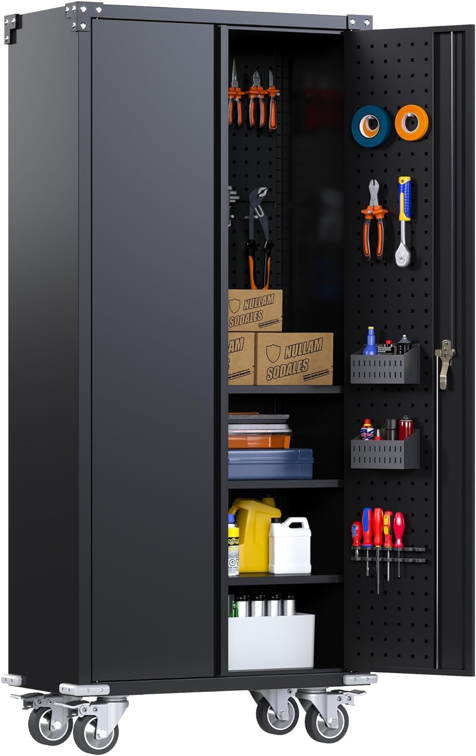 Black Metal Storage Cabinet with Wheels and Pegboard, 71'' Rolling Locking Garage Cabinet, 3 Adjustable Shelves, Utility Cabinet for Garage, Shop, Home, Assemble Required