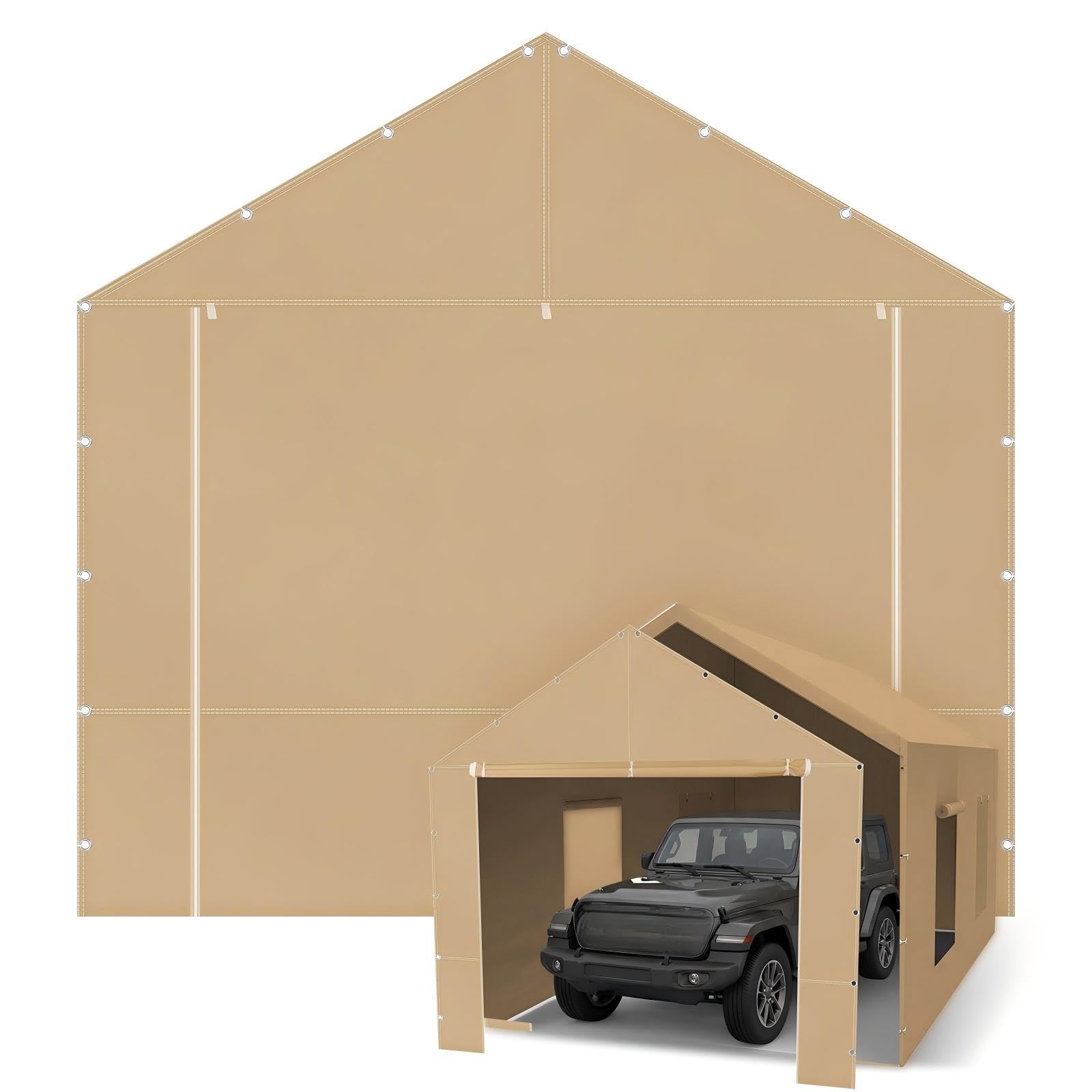 10 x 20 ft Carport Front Panel Tarp Khaki Canopy Shelter Replacement Cover with Opening Door Drill Holes on Both Sides Car Canopy Tent for Truck, Car, Boat-image-24