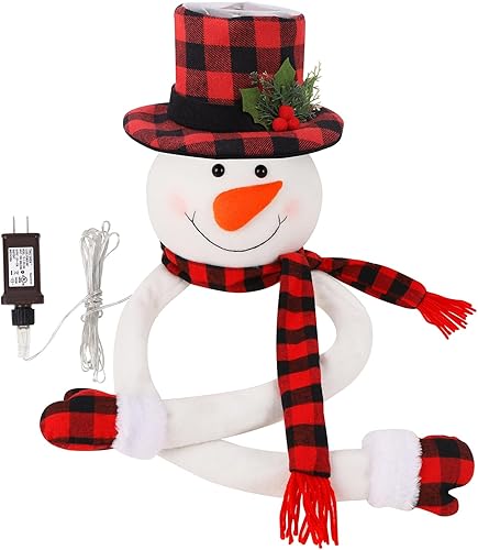 Vista 13 de Juegoal Decoración de árbol de muñeco de nieve de Navidad, muñeco de nieve grande de felpa con sombrero y bufanda a cuadros rojos y negros