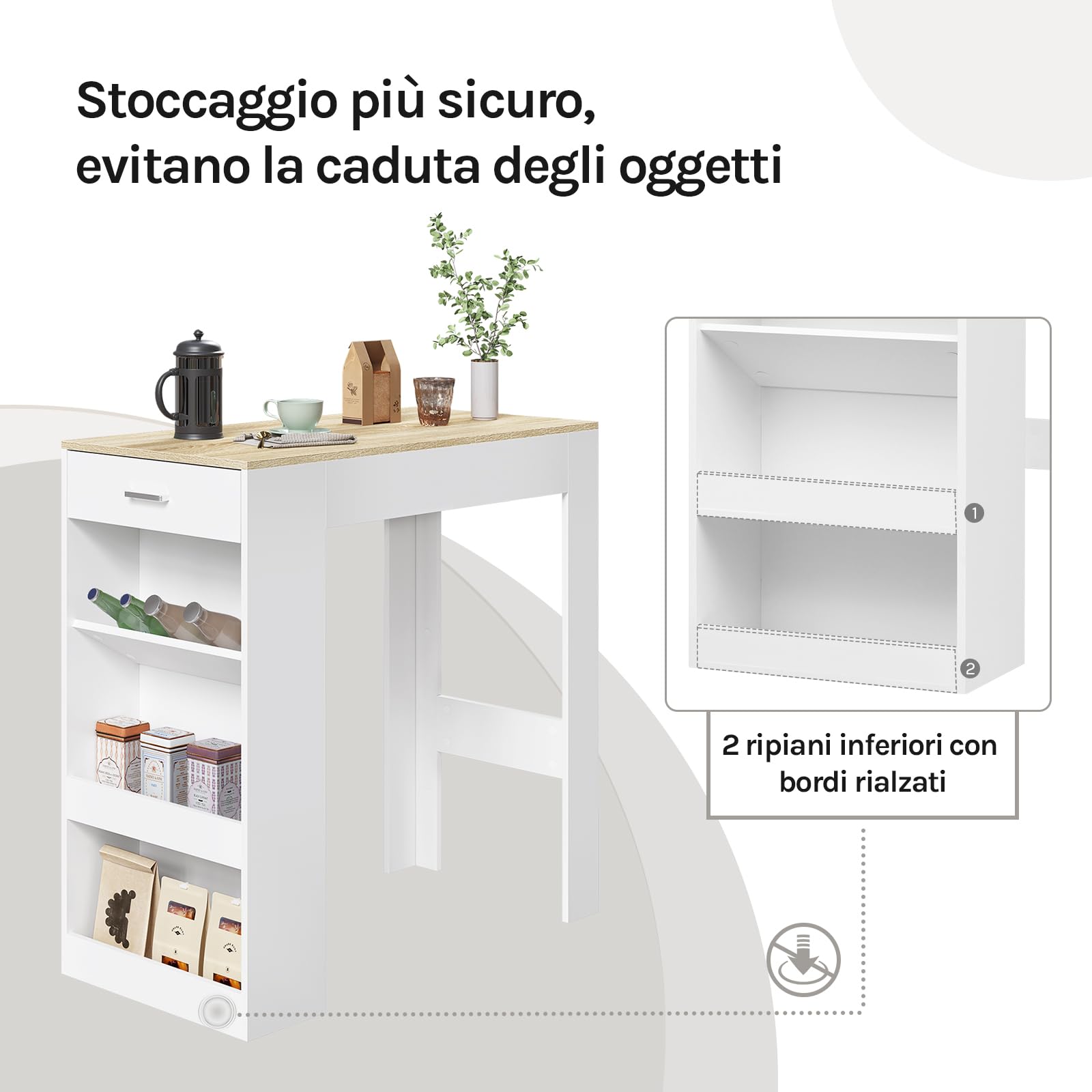 WOLTU Tavolo da Bar, Bancone da Bar con 1 Cassetto e 3 Ripiani, Tavolo Penisola per Cucina, Pub, Bistrot, Legno Ingegnerizzato (Con assi di legno, Bianco+Rovere Chiaro, 100 x 50 x100 cm)