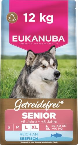 Eukanuba Senior Hundefutter getreidefrei mit Fisch für große Rassen, Premium Trockenfutter ohne Getreide für ältere Hunde, 12 kg