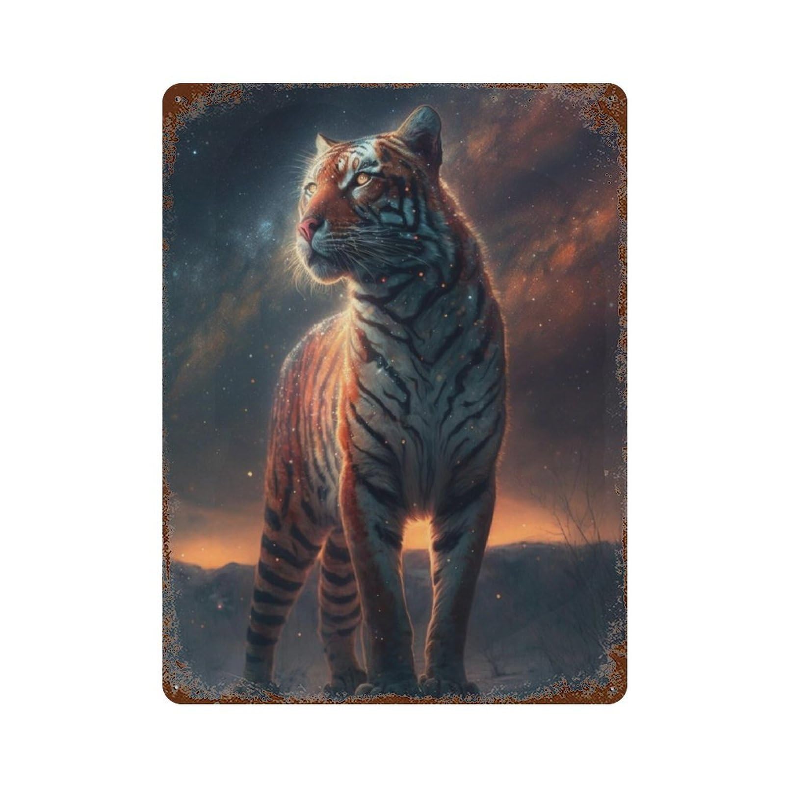 Galactic Tiger Majesty Decorative Tin Sign 15.7"x11.8", Retro Wall Decor for Garage, Pub Or Kitchen