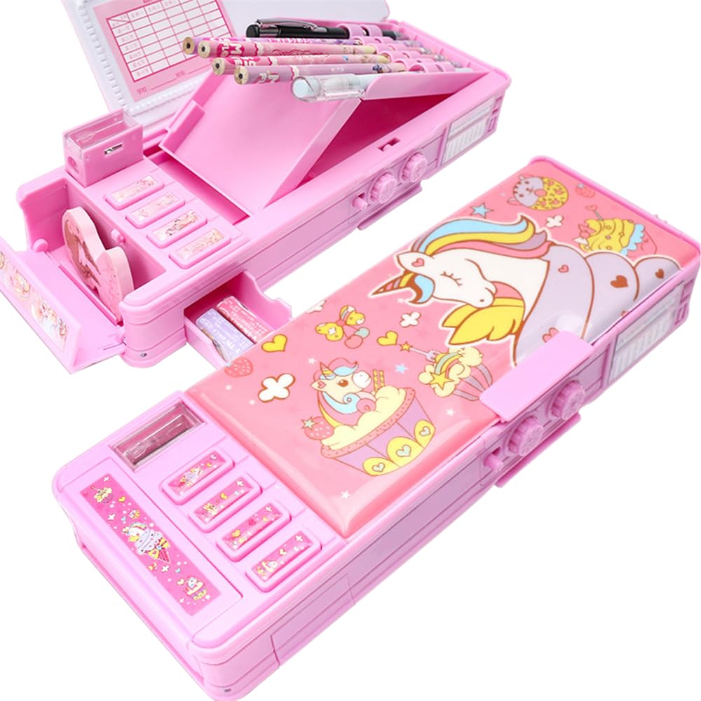 YARDHOBI Pop Up Pencil Case for Kids, Multifunction Stationery Organizer Box with Lock, Sharpener, Schedule, Whiteboard, Cute Cartoon Pen Box, Cute School Supplies, Best Gifts for Kids Teens (Unicorn)