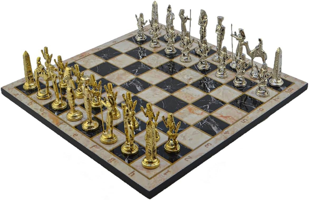 Metal Chess Set for Adults Ancient Egypt Pharaoh Figures,Handmade Pieces and Different Design Patterned Wooden Chess Board King 3.4 inc (Red Marble)