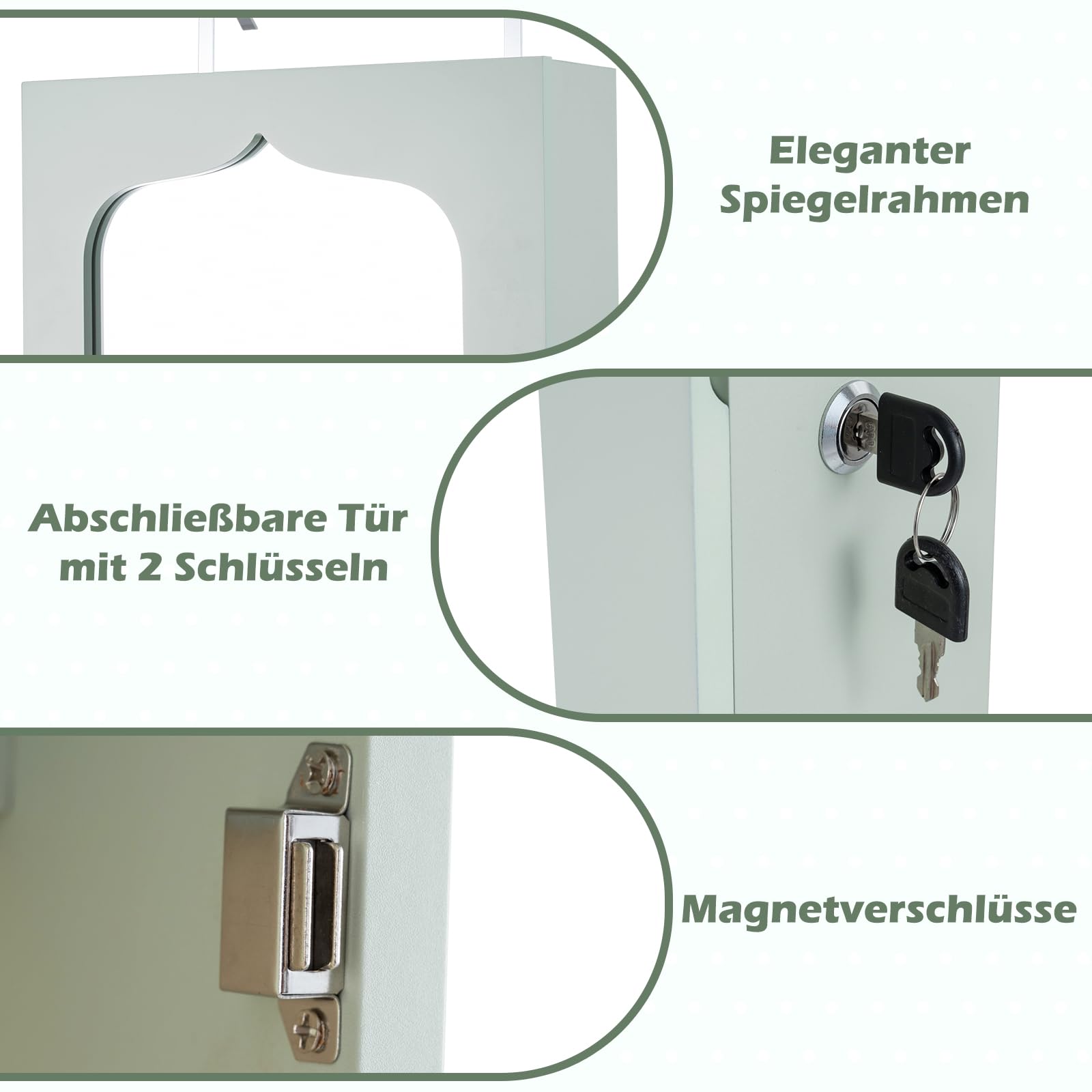 COSTWAY Schmuckschrank mit LED Beleuchtung, 6 Schubladen und Spiegel, Schmuck Sipegelschrank hängend, Hängeschrank für Tür und Wandmontage, abschließbar (Grün)