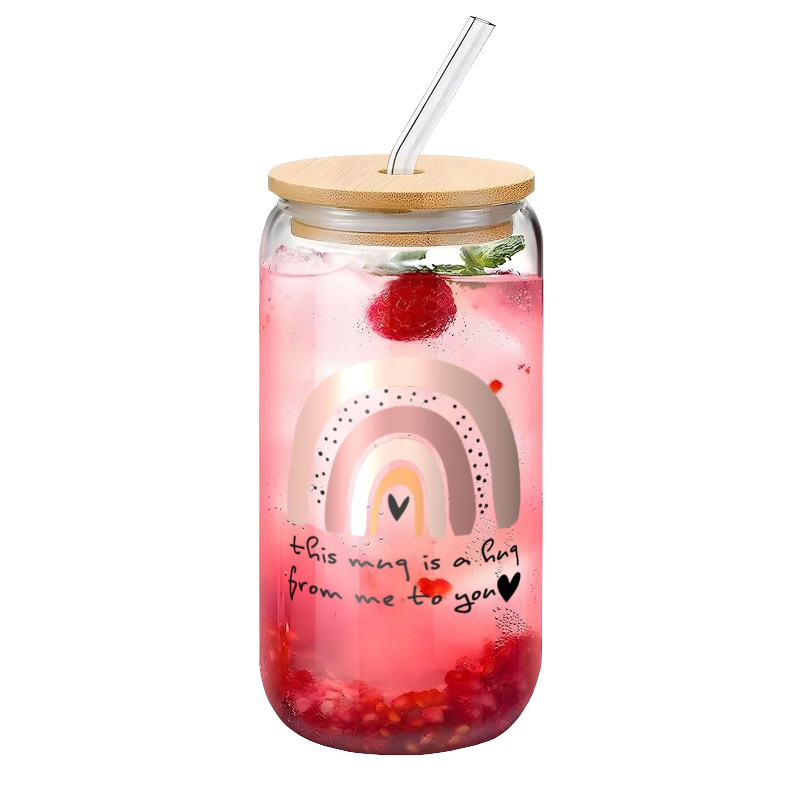 Fenmshairy Hug from Me to You Drinking Glass Cup 16 Oz with Bamboo Lid and Straw, Thinking of You Glass Tumbler, Encouragement Inspirational Get Well