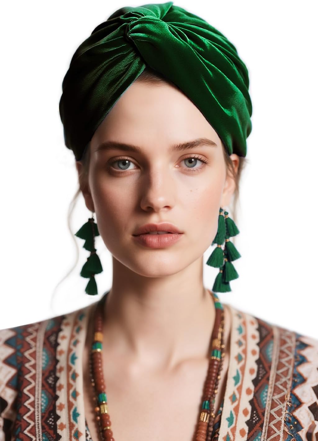 Coucoland Velvet Tassel Turban Wrap - Vintage Headwrap Hat for Women Soft Twist Knot Hair Cover with Removable Fringe