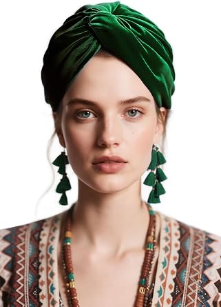 Coucoland Velvet Tassel Turban Wrap - Vintage Headwrap Hat for Women Soft Twist Knot Hair Cover with Removable Fringe