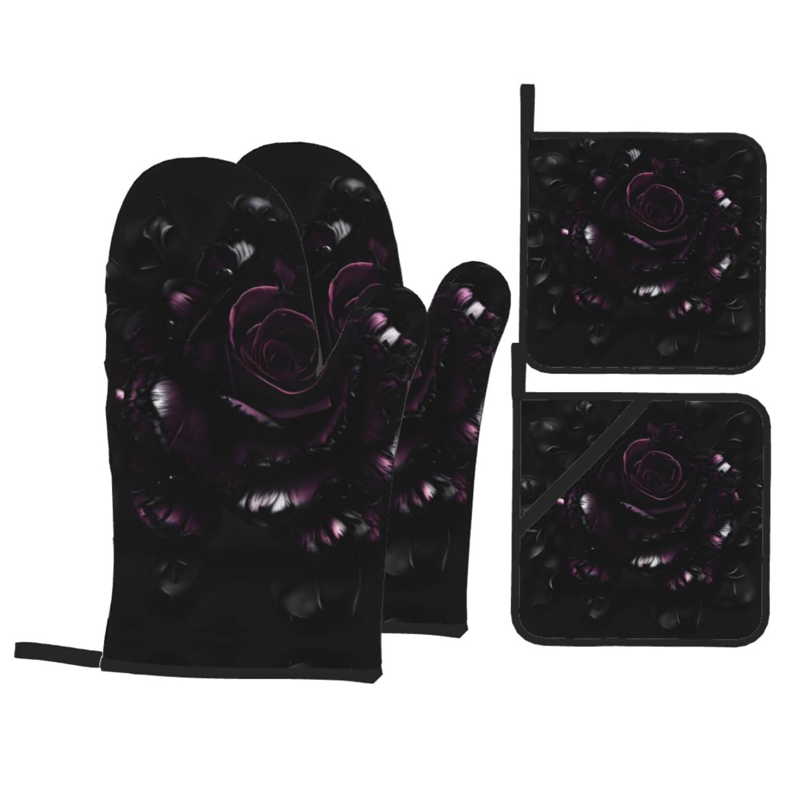 Lot De 4 Gants De Cuisine Et Maniques Résistants à La Chaleur Rose - 2 Gants + 2 Coussinets Polyester Matelassé