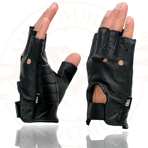 Miniatura 6 de Milwaukee Leather SH195 - Guantes de piel para hombre, color negro, perforados, con palma de gel acolchada, sin dedos, para motocicleta, con "Open
