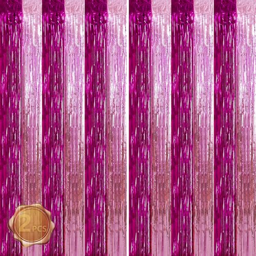 BEISHIDA Hot Pink Pink Door Streamers Backdrop Foil Fringe Tinsel Party Streamers Curtains Photo Backdrop -2Pcs for Girl Birthday Valentines Baby Shower Graduation Bachelorette Party Decoations