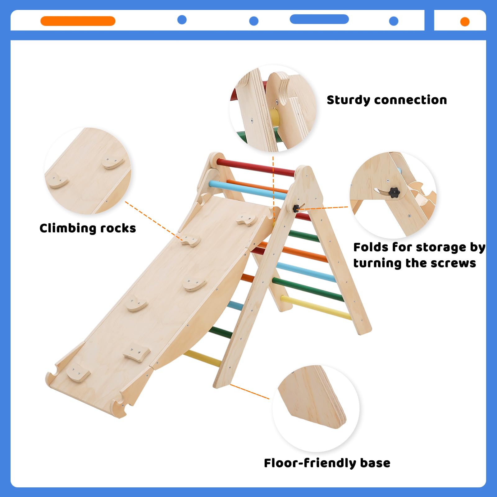 5-in-1 Montessori Kletterdreieck, Klettergerüst Indoor mit Rutsche, Kletterleiter und Zeltdach, Wippe, Faltbares Holz Klettern Spielzeug Indoor Outdoor Set, Indoor Spielplatz 1-5 Jahre
