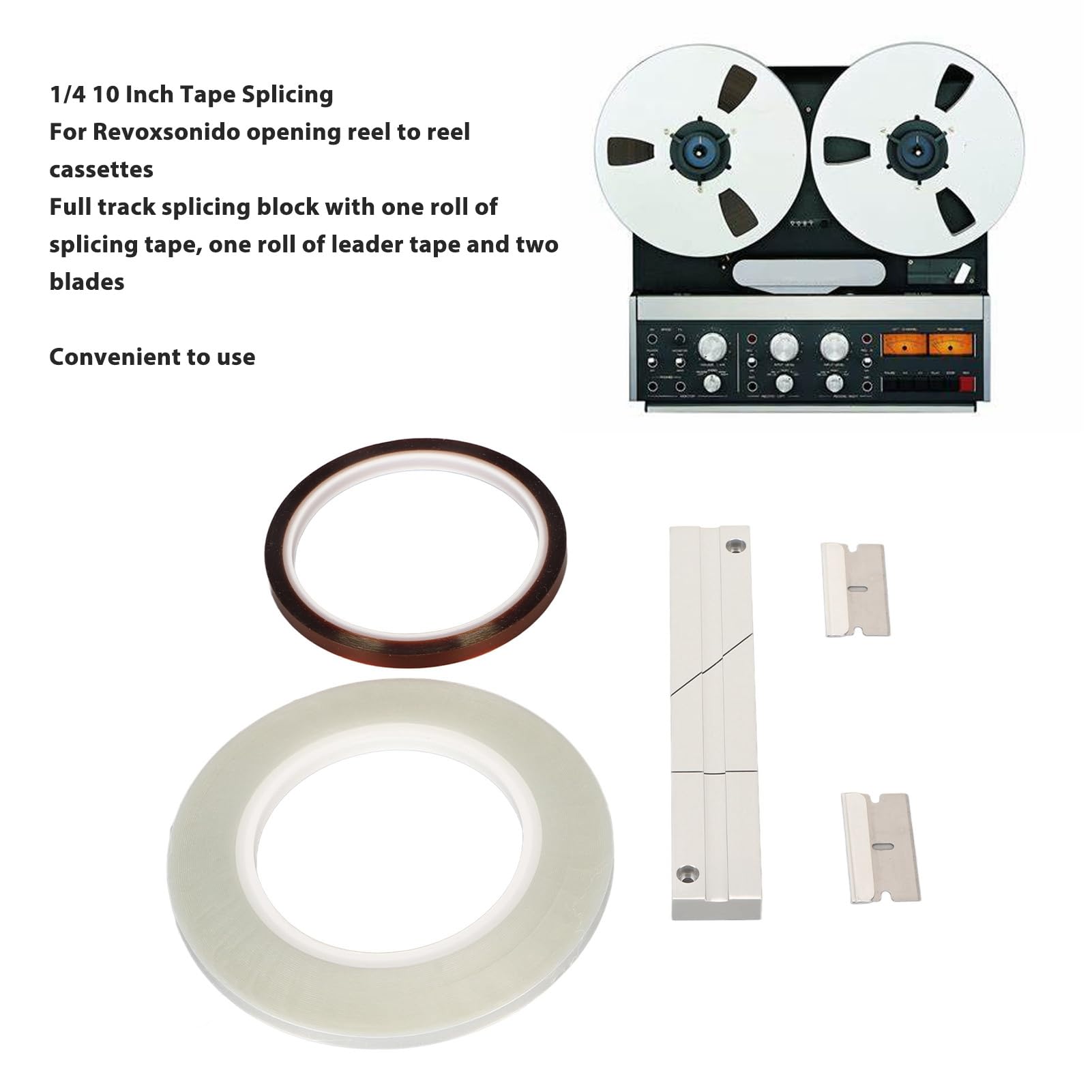 Ensemble d'épissure de Bande de 1/4 de 10 Pouces, Kit de Bloc d'épissure de Bande de Bande d'épissure, Bande Leader de Finition Anodisée Universelle pour Magnétophone à Bobine