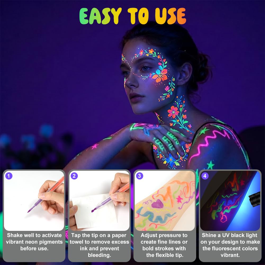 Paintaras dla dzieci, 12 kolorów UV Fluorescencyjny lakier do twarzy dzieci Hipoalergiczny, Błyszczący neon UV Farba do twarzy, Markery do ciała dla skóry palca na Halloween Karnawał
