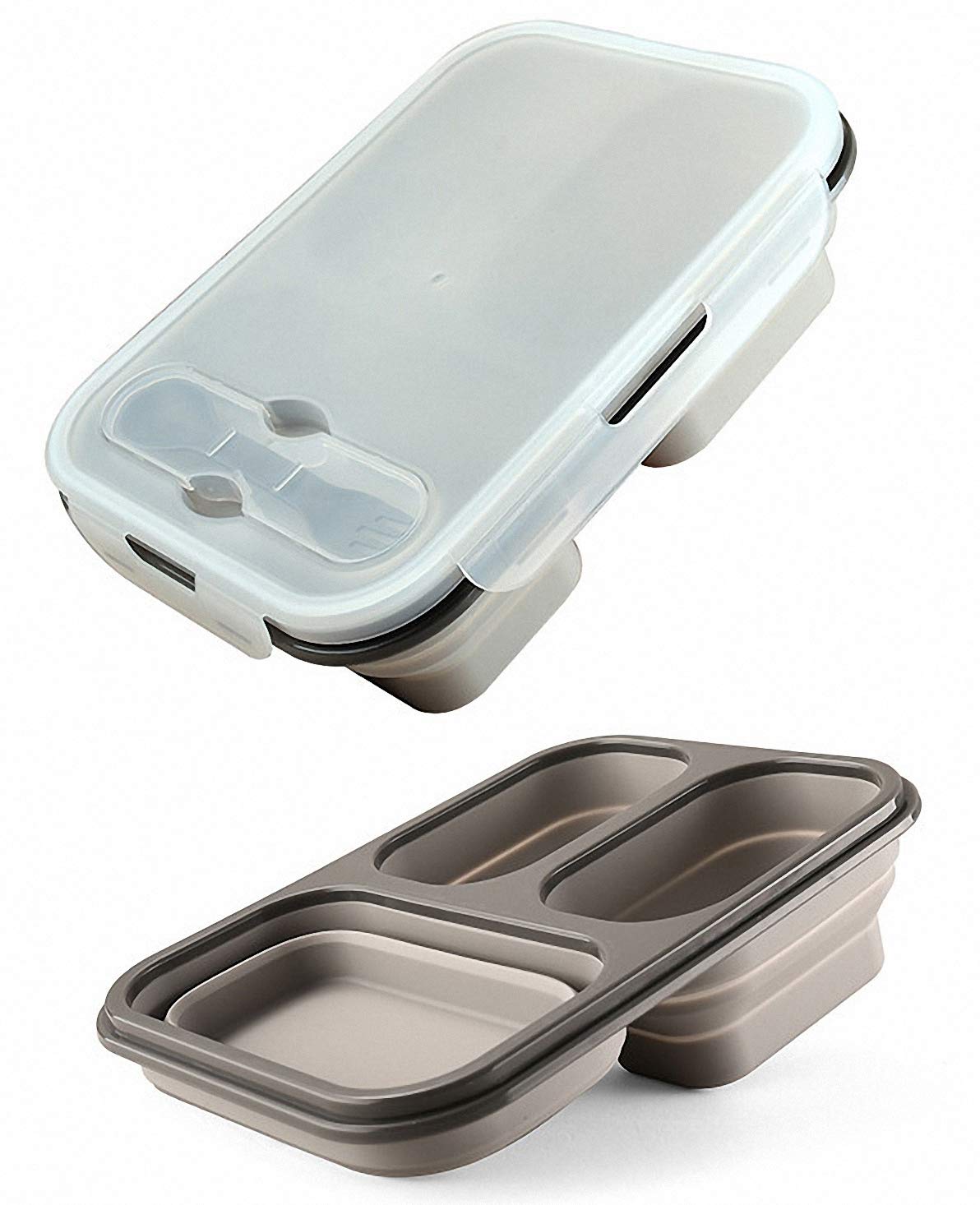 Ulalaza Silicone Collapsible Bento Storage Lunch Food Container Box for Microwave Freezer Dishwasher Safe BPA Free 3 Compartments