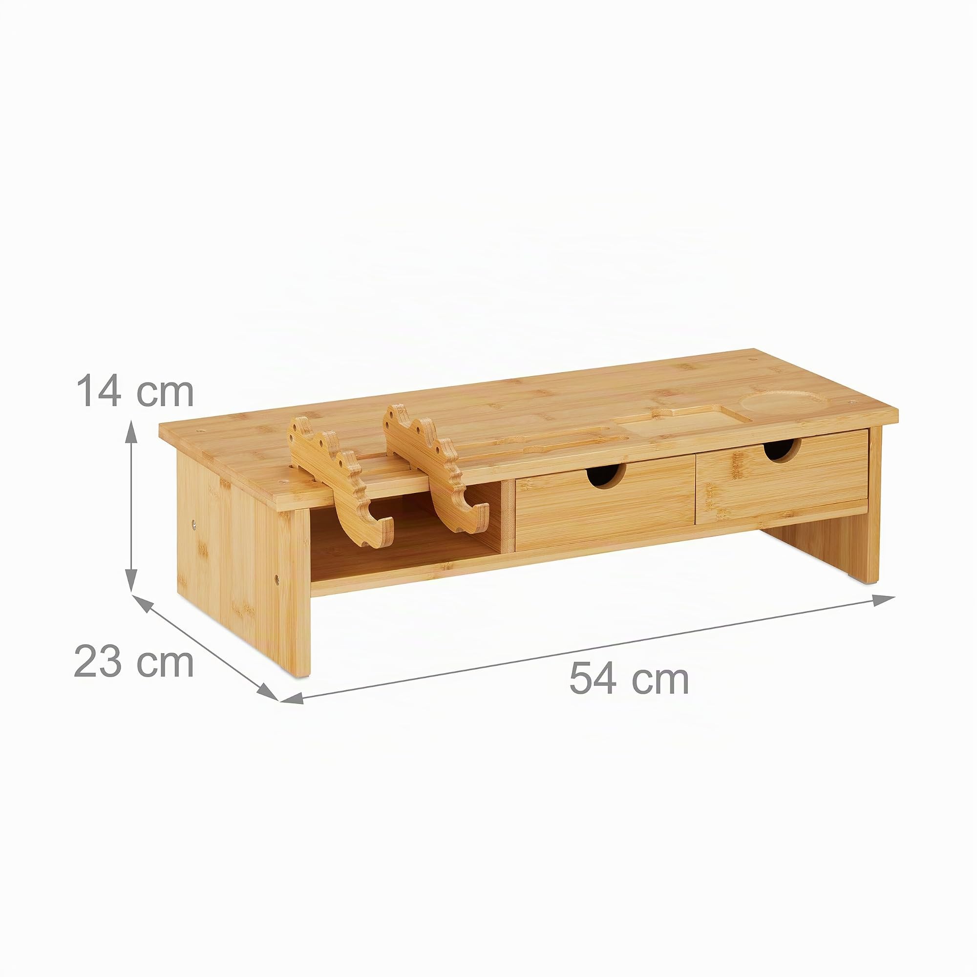 Relaxdays Supporto per Monitor, Rialzo per Schermo PC, Scomparto Porta Cellulare e 2 Cassetti, 14x54x23 cm, Naturale