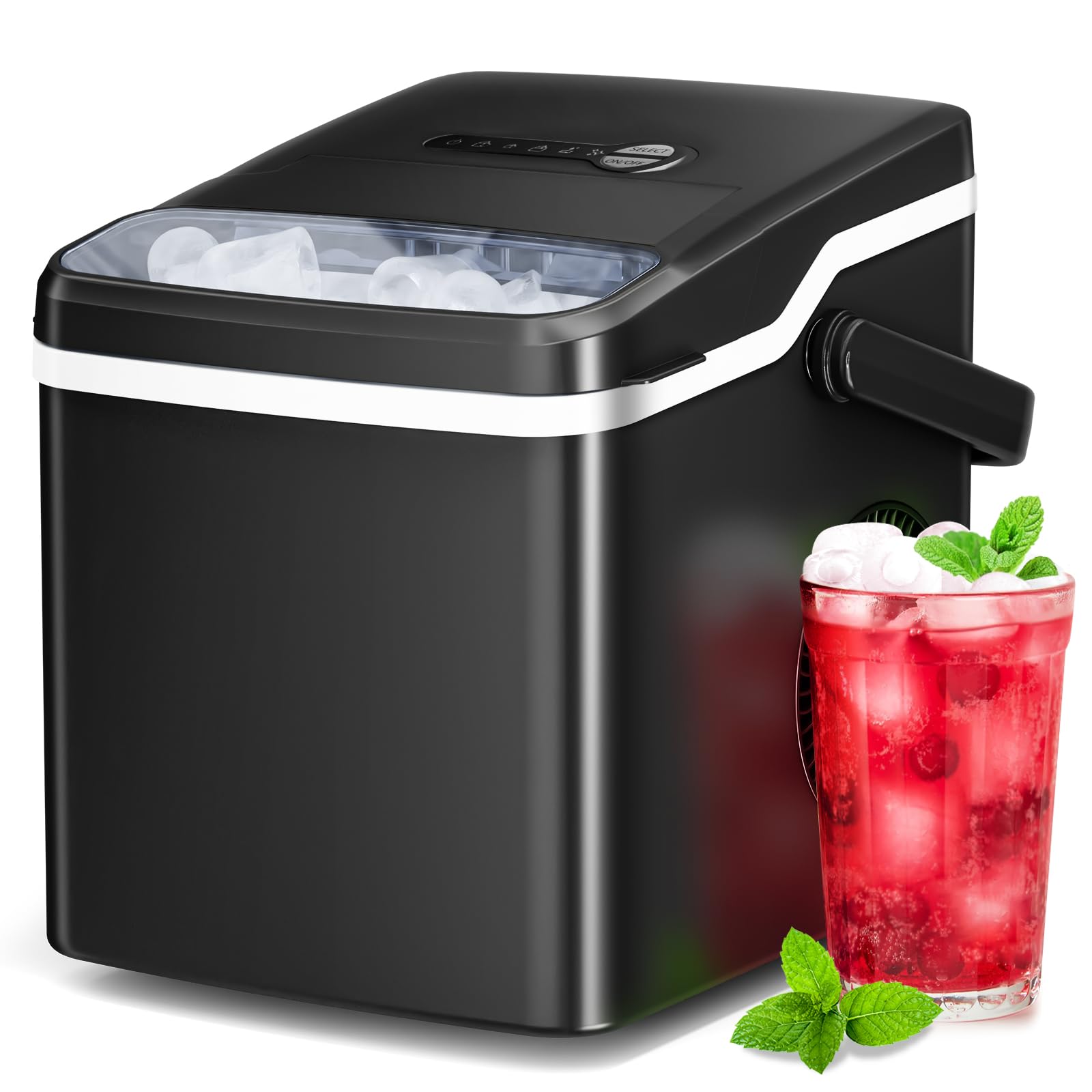 Ice Maker Countertop, Portable Ice Maker Machine, 26.5lbs/24h, 9pcs/6mins, 2 Sizes Of Bullet Ice, Self-Cleaning, Basket And Scoop, Ideal For Home/Office/Outdoor Use, Black on Fridge.com - View 1