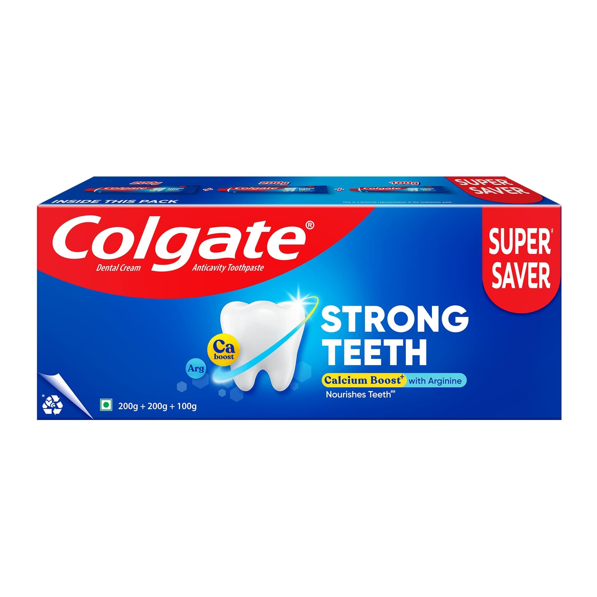 Colgate Strong Teeth 500g (250g x 2) Cavity Protection Toothpaste, Colgate Toothpaste with Calcium Boost, Saver Pack, India's No.1 Toothpaste
