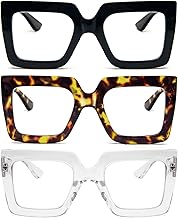KoKoBin 3 confezioni di occhiali da lettura per donne con montatura lettori quadrati spessi ed eleganti che bloccano la luce blu occhiali (Nero/Marrone leopardo/Trasparente, 3, Diottria)
