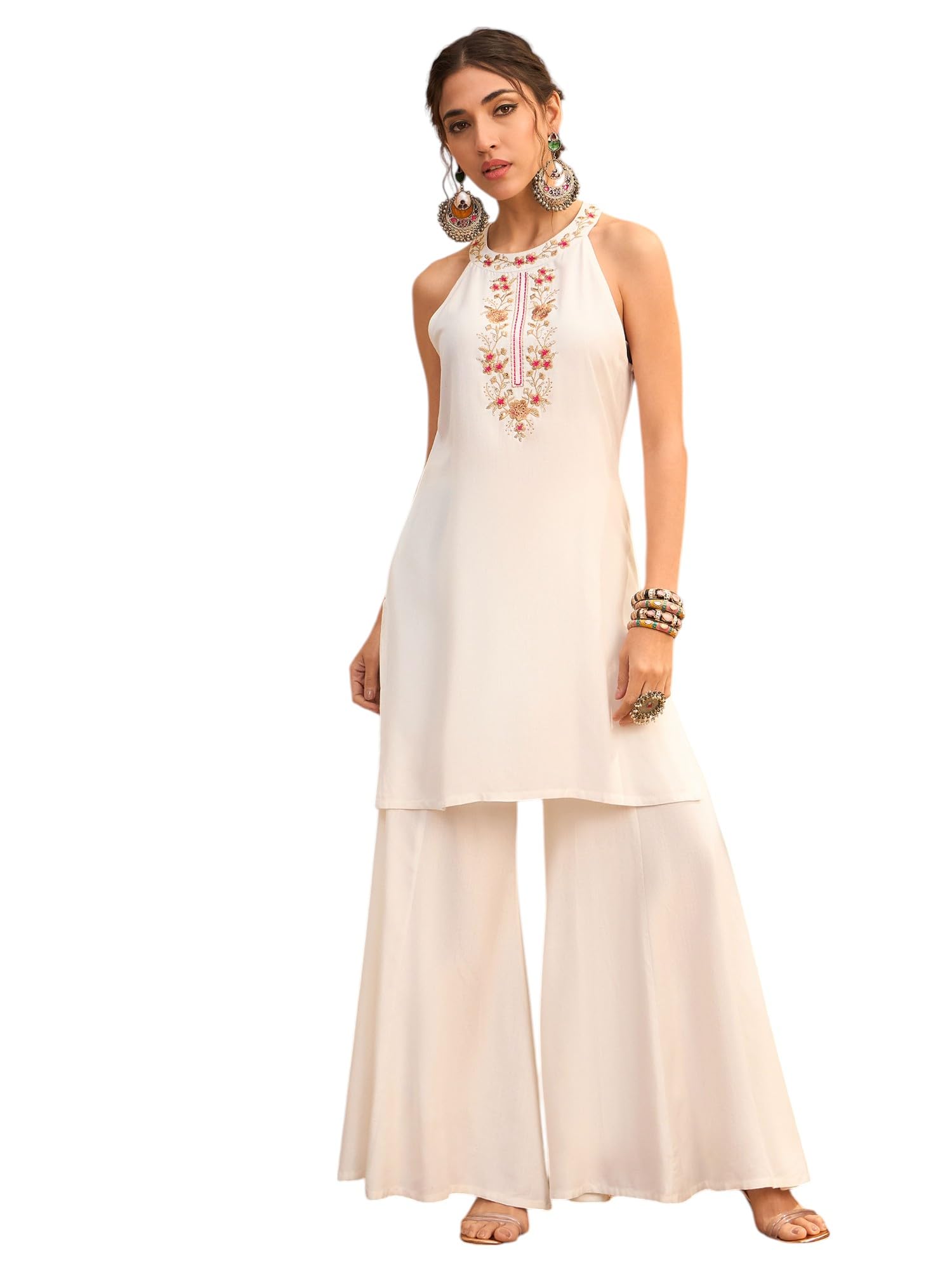 Black Embroidered Halter Kurta With Palazzo Pants-image-5