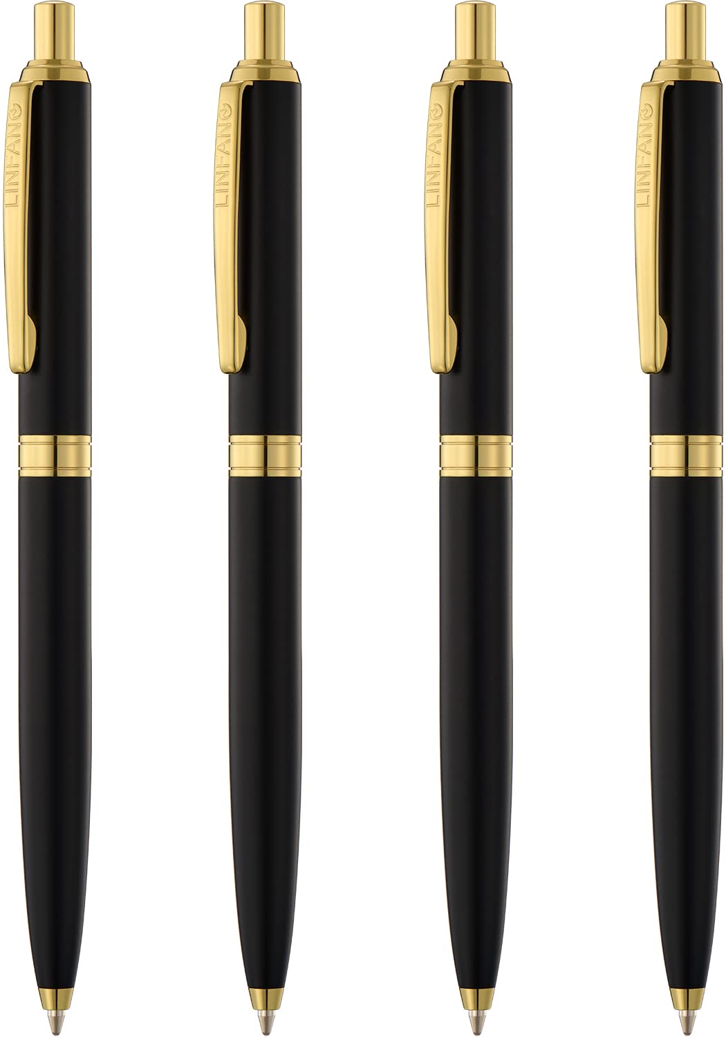LINFANC 4 Pack Ballpoint Pens, Premium Retractable Metal Ballpoint Pen, Matte Black with Gold Trim, Medium Point 1.0mm Black Ink Pen for Home School Work Office Supplies, Extra 4 Refills