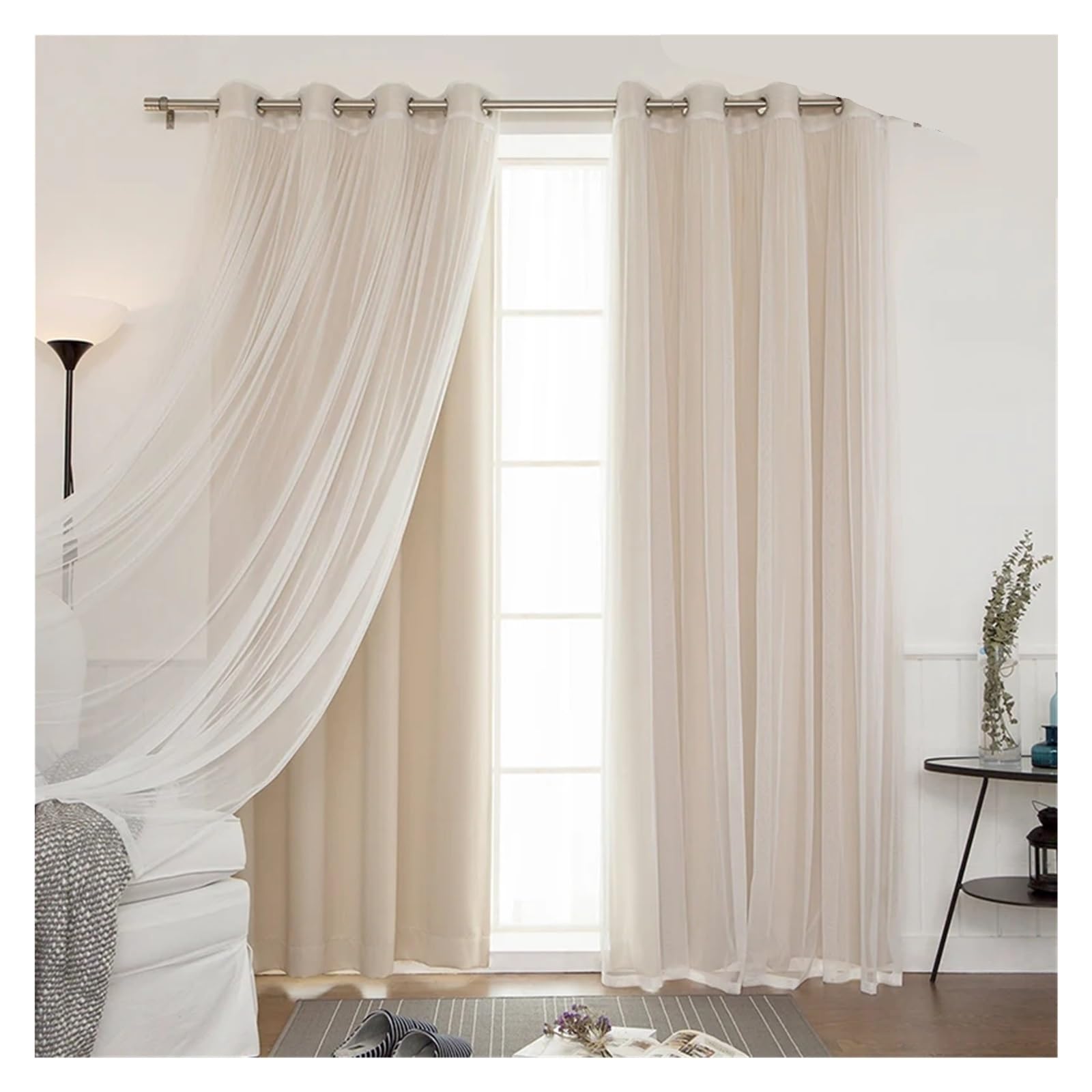DHYUACN Living Room Curtains Double Layered Solid Blackout and Sheer Window Curtain for Living Room Bedroom(Color 1,Rod,W300cmxL250cm)