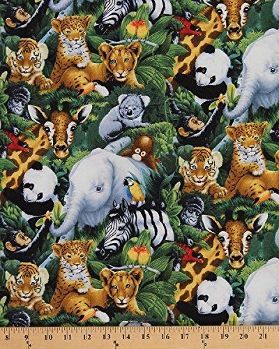 Field's FabricsCotton A Rare Occasion Baby Safari Jungle Animals Elephant Cub Koala Gorilla Parrot Panda Zebra Giraffe Cotton Print by the Yard (AL-2016-3C-1)