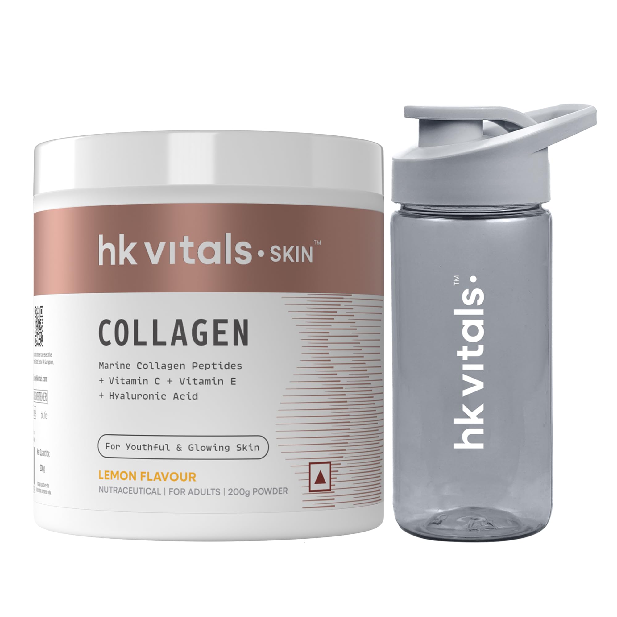 hk vitals Marine Collagen Supplement (Lemon, 200g) with Sipper Bottle | Vitamin C, E, Sodium Hyaluronate | For Healthy Skin, Hair & Nails