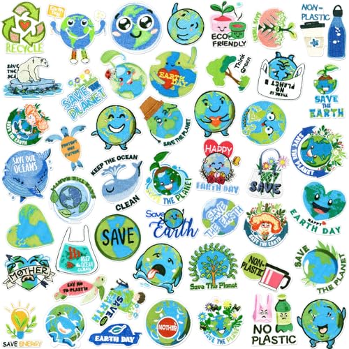 Tigeen 48 Pcs World Earth Day Chenille Iron on Patches Bulk Embroidered Patch for Hats Clothes Sew on Applique DIY Accessory for Backpack Pants Jeans