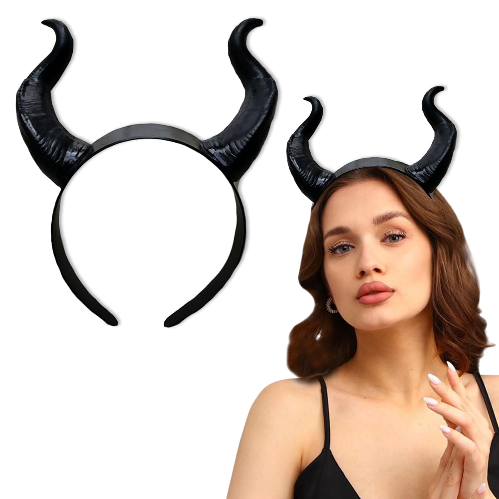 RUSTAMMDevil Horns Headband Sheep Ox Horn Hoop Black Gothic Headwear Holiday Halloween Party Carnival Prom Dress Up Vintage Hair Accessories