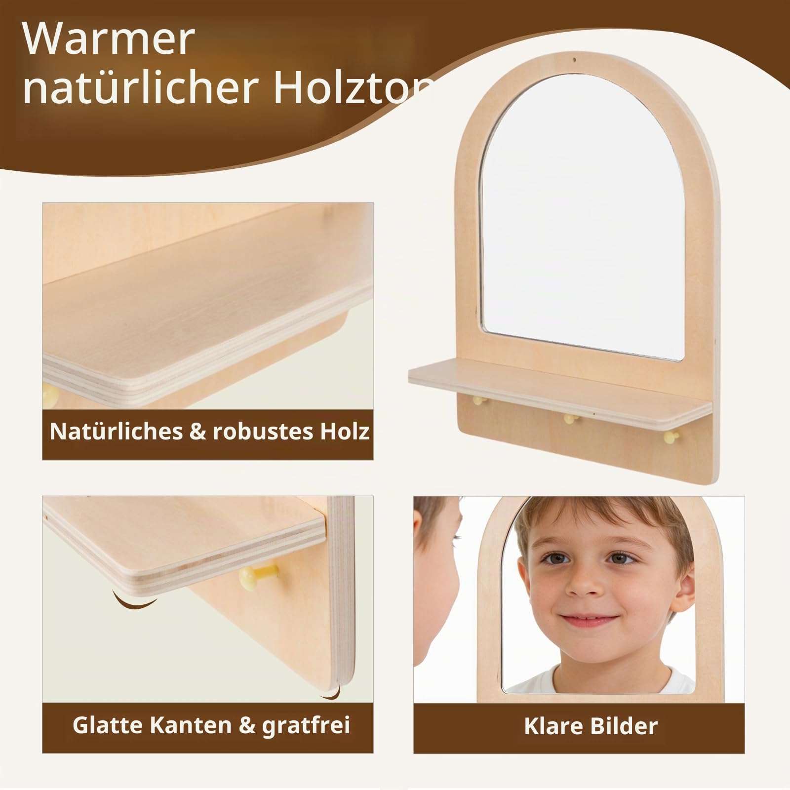 Montessori Spiegel aus Holz und Acryl für Kleinkinder, Wandmontage, Spiegel mit Haken & Regal, bruchsicher, Naturholz, einfache Montage, Möbel für Eingangsbereich, Kinderzimmer, Wohnzimmer, Flur