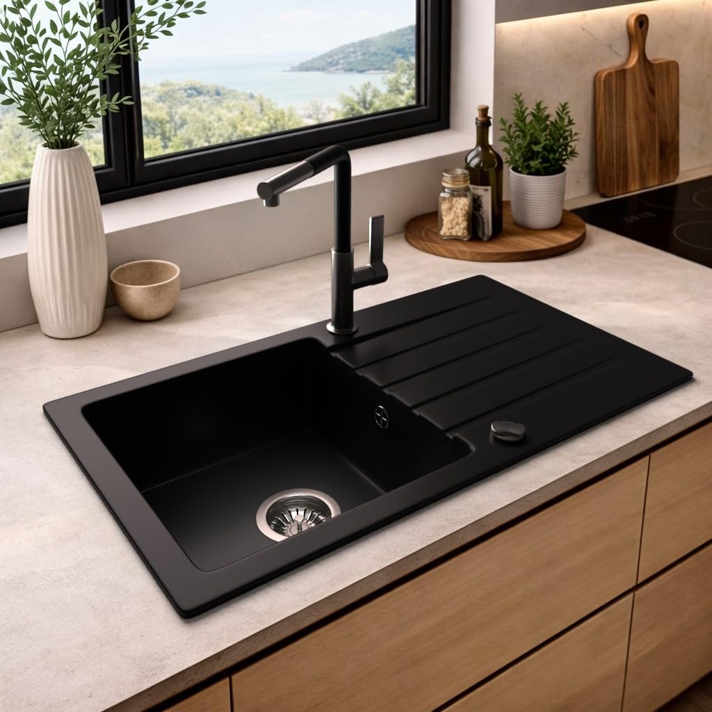 LINDBERGH® Granit Spüle + kompl. Siphon und Imprägnierung mit Abtropffläche, Einbauspüle, Küchenspüle Spülbecken - Verbundstoffe MADE IN GERMANY (MEG44 Schwarz)