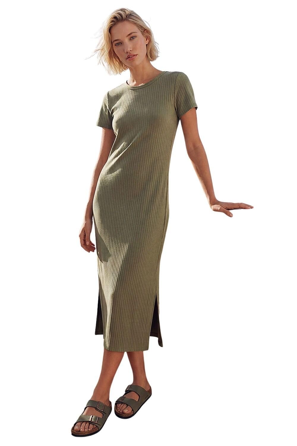 Roman Women's Ribbed Stretch Midi Dress in Khaki | Size: 20