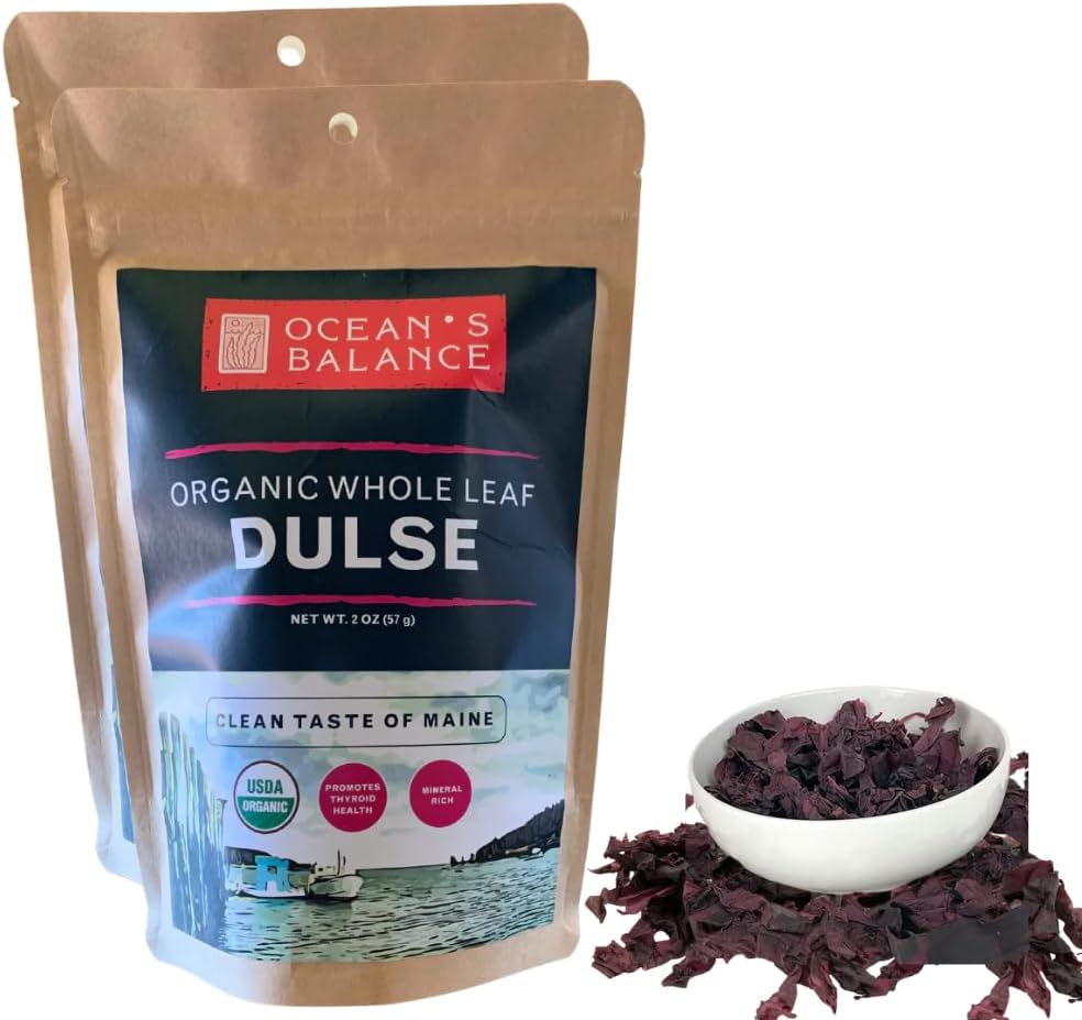 Ocean's Balance Organic Dulse Whole Leaf – Atlantic Seaweed Snack Rich in Iodine & Umami – For Salads, Smoothies, Soups,Ramen – 2oz Bag (Pack of 2)
