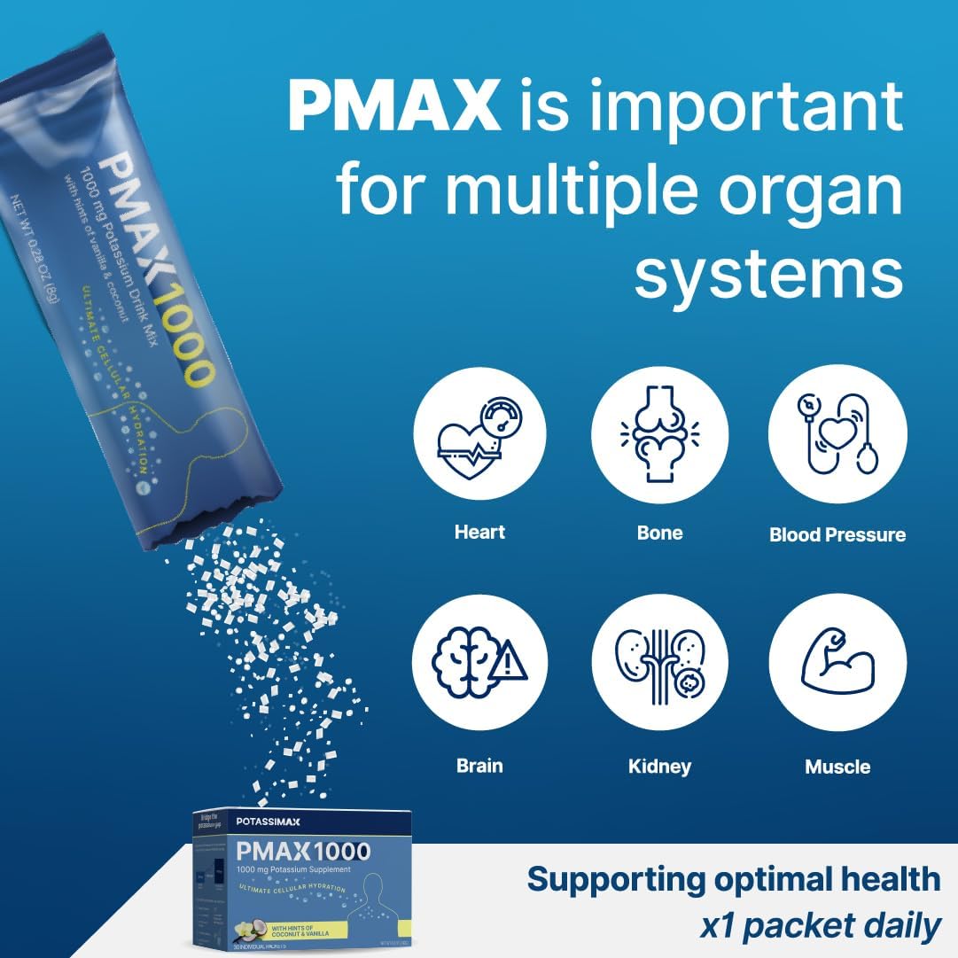 PMAX1000 High Dose Pure Potassium Electrolyte Supplement Powder 1000mg 4-Type Potassium Blend-Citrate, Gluconate, Bicarbonate,Chloride, Supports Healthy Blood Pressure, Heart, Kidneys, Bones, Muscles