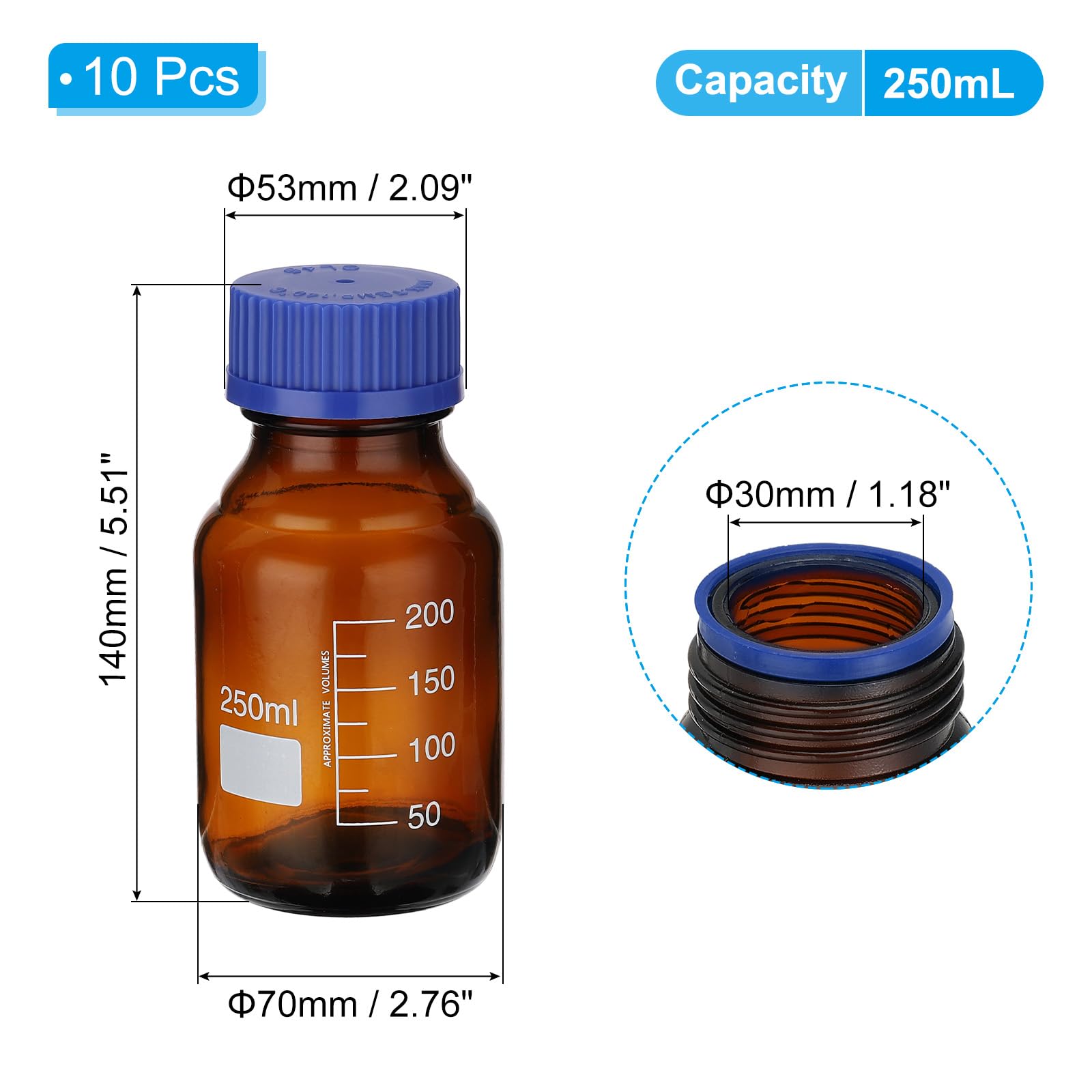PATIKIL 10 Confezione Bottiglie Per Conservazione Reagenti, 250ml Bottiglie Tonde Graduate In Vetro Borosilicato Con Tappo A Vite Blu GL32 Per Liquidi Reagenti Da Laboratorio, Ambra